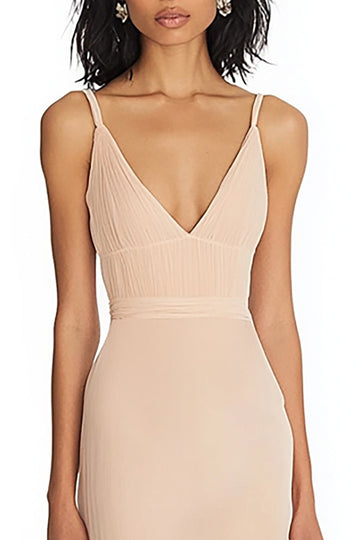 Champagne Mermaid Ruffled Deep V Neck Long Formal Dress